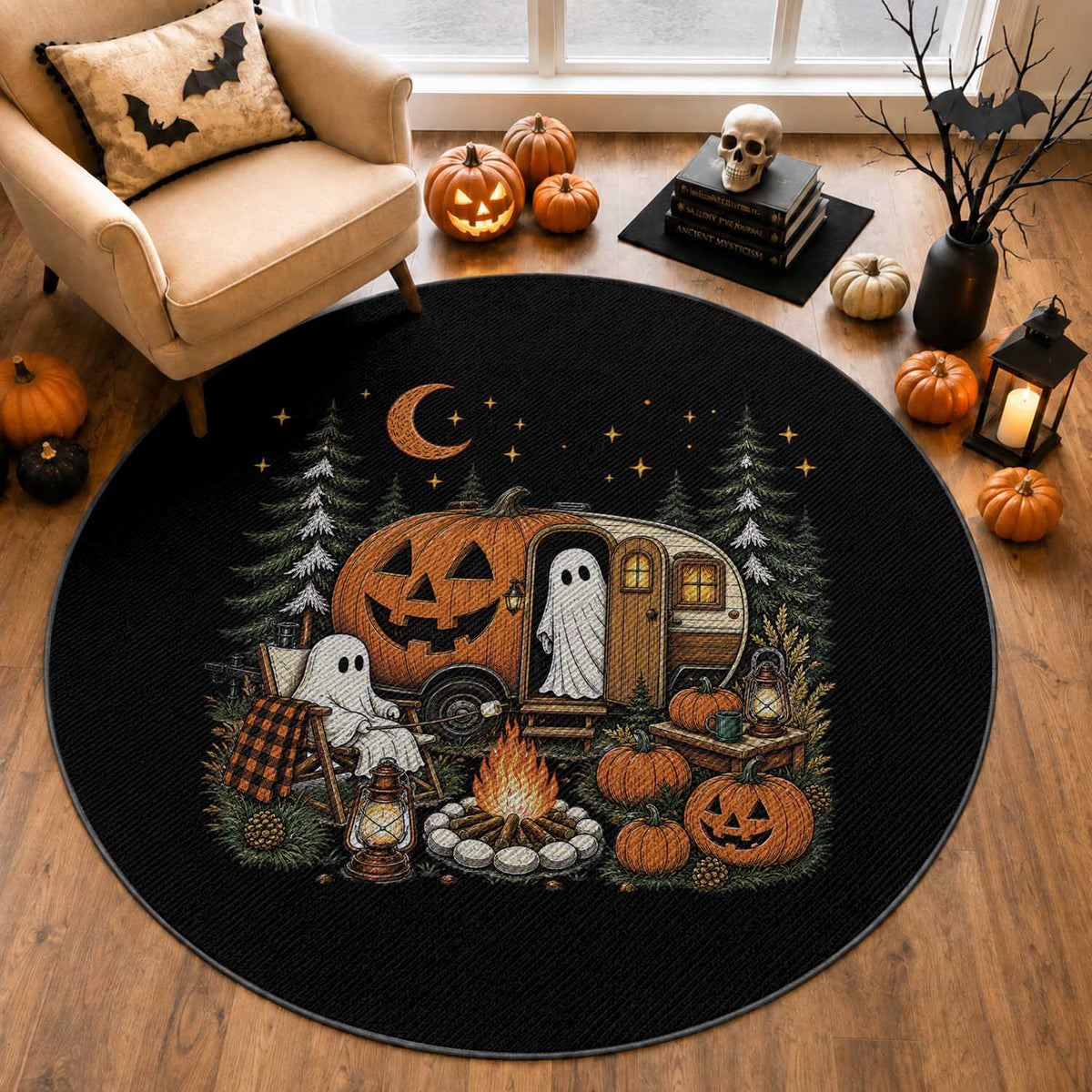 Funny Ghost Camper Halloween Round Rug Spooky Camping Outdoor Adventures