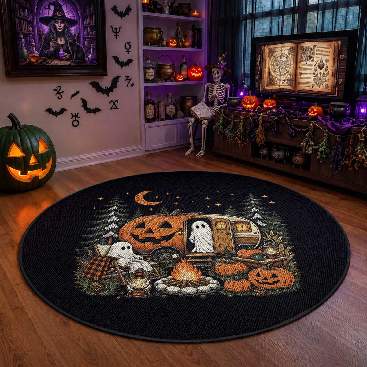 Funny Ghost Camper Halloween Round Rug Spooky Camping Outdoor Adventures