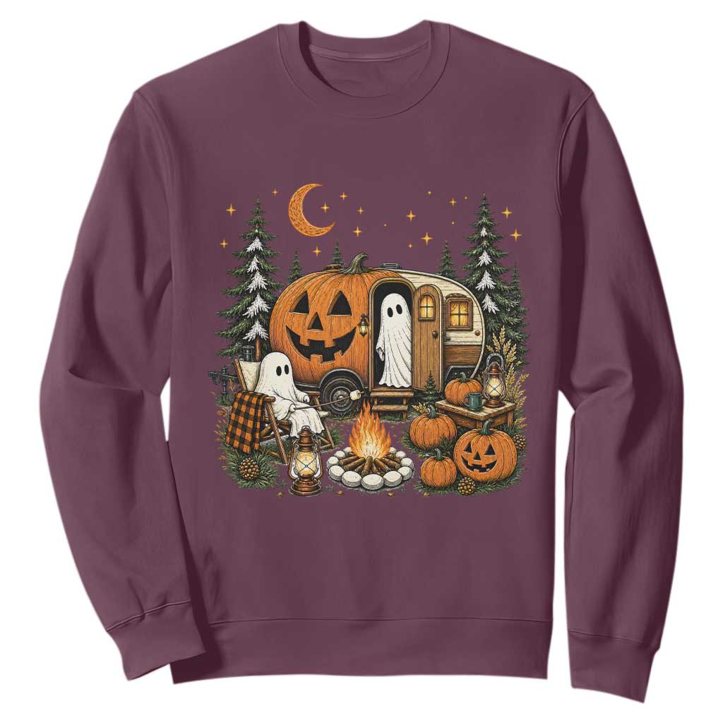 Funny Ghost Camper Halloween Sweatshirt Spooky Camping Outdoor Adventures