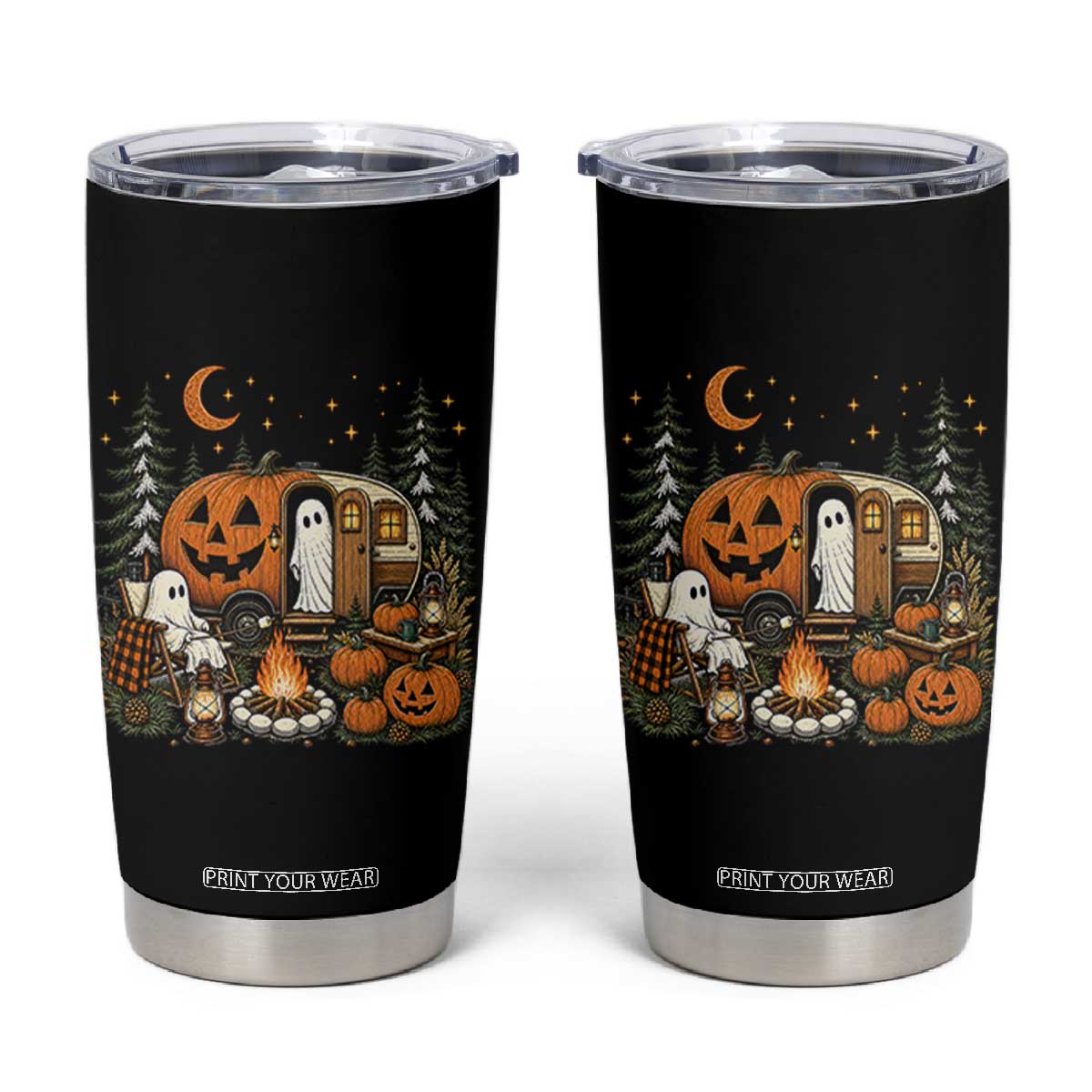 Funny Ghost Camper Halloween Tumbler Cup Spooky Camping Outdoor Adventures