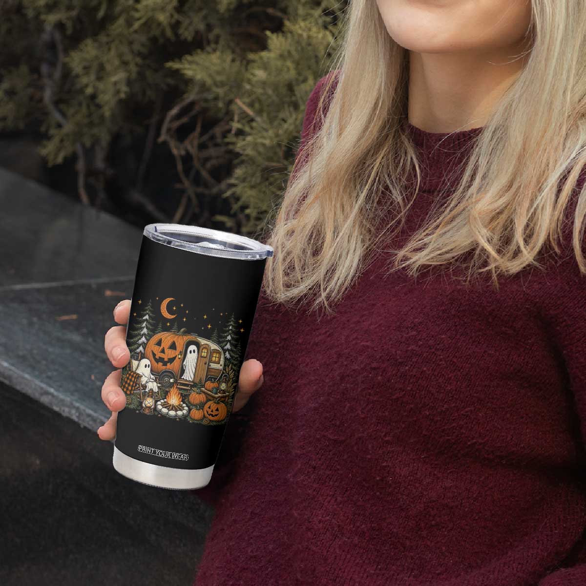 Funny Ghost Camper Halloween Tumbler Cup Spooky Camping Outdoor Adventures