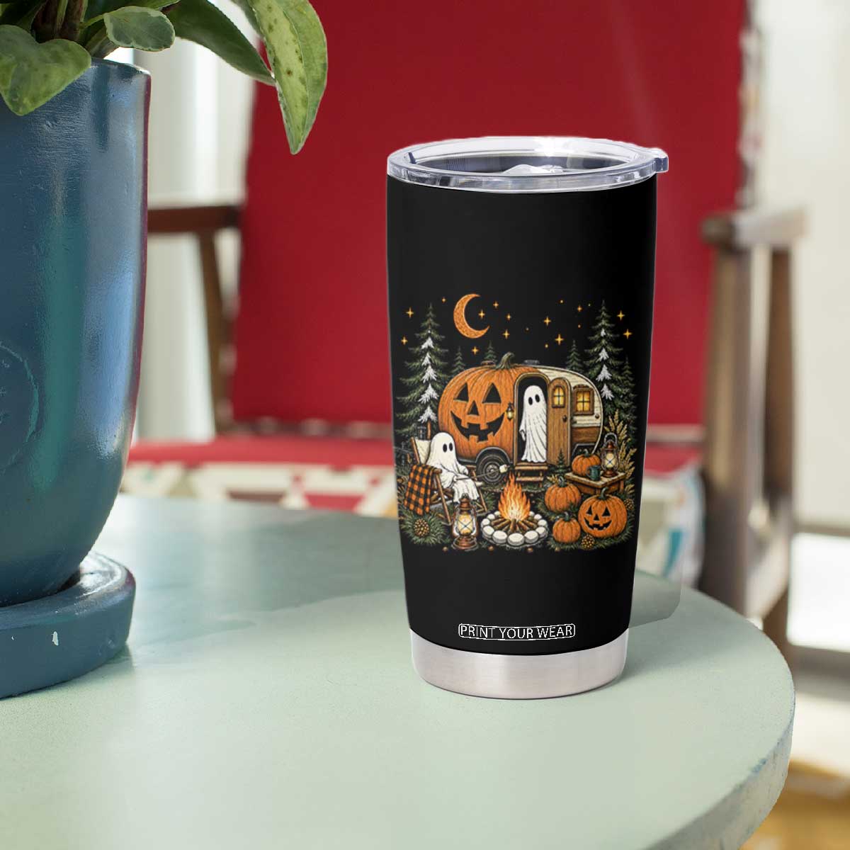 Funny Ghost Camper Halloween Tumbler Cup Spooky Camping Outdoor Adventures