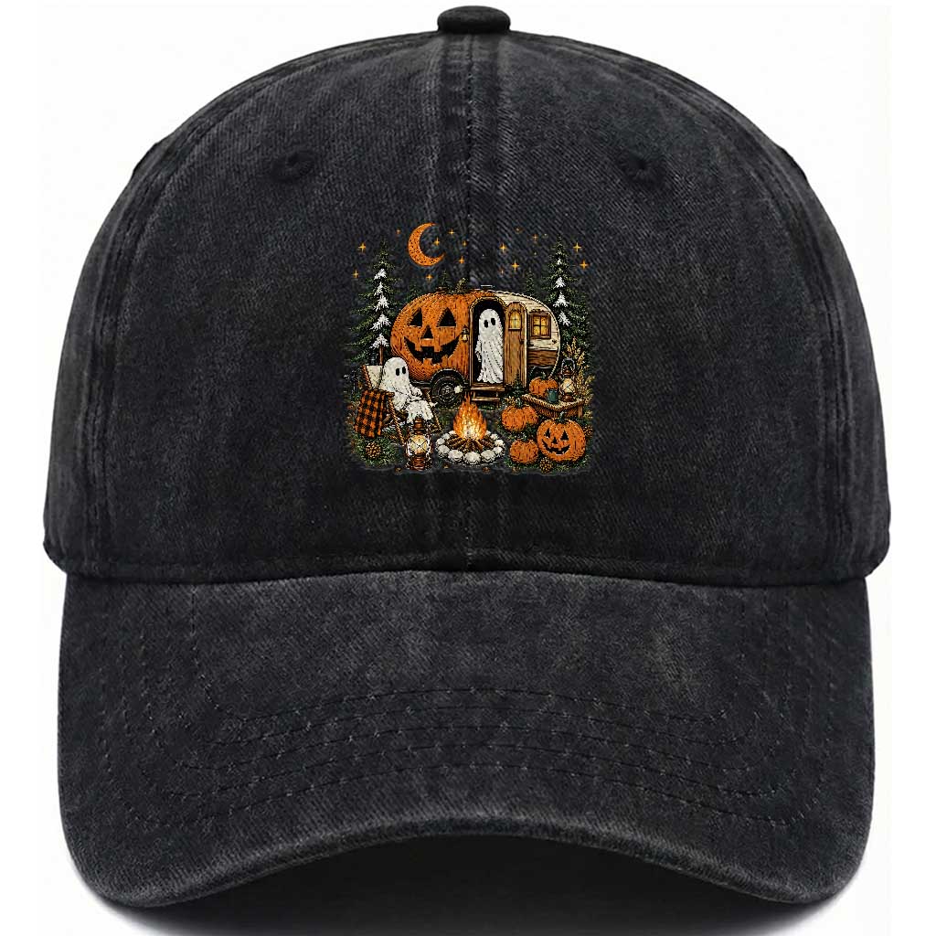 Funny Ghost Camper Halloween Washed Cotton Baseball Cap Spooky Camping Outdoor Adventures