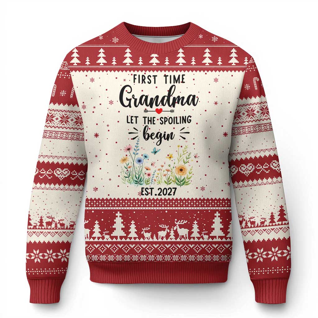 First Time Grandma Ugly Christmas Sweater Let The Spoiling Begin Est 2027 Baby Announcement