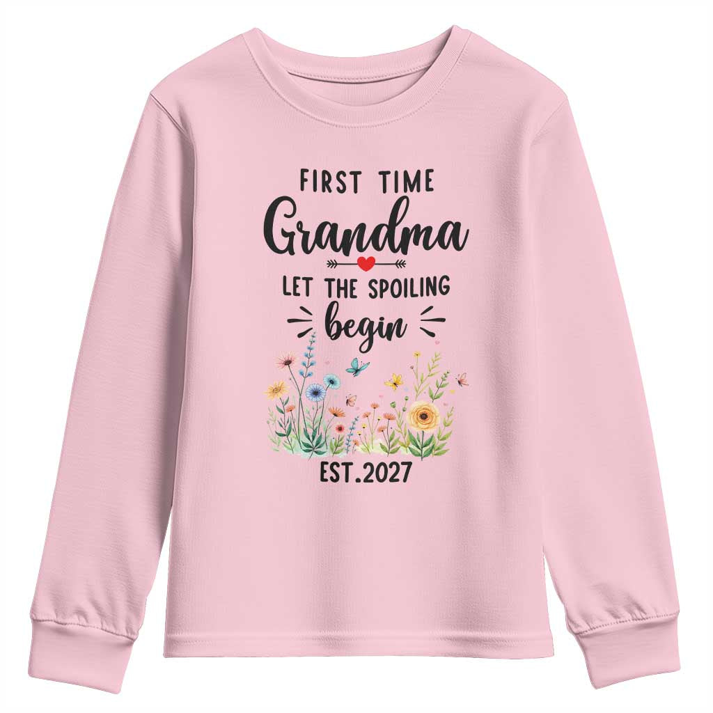 First Time Grandma Youth Sweatshirt Let The Spoiling Begin Est 2027 Baby Announcement
