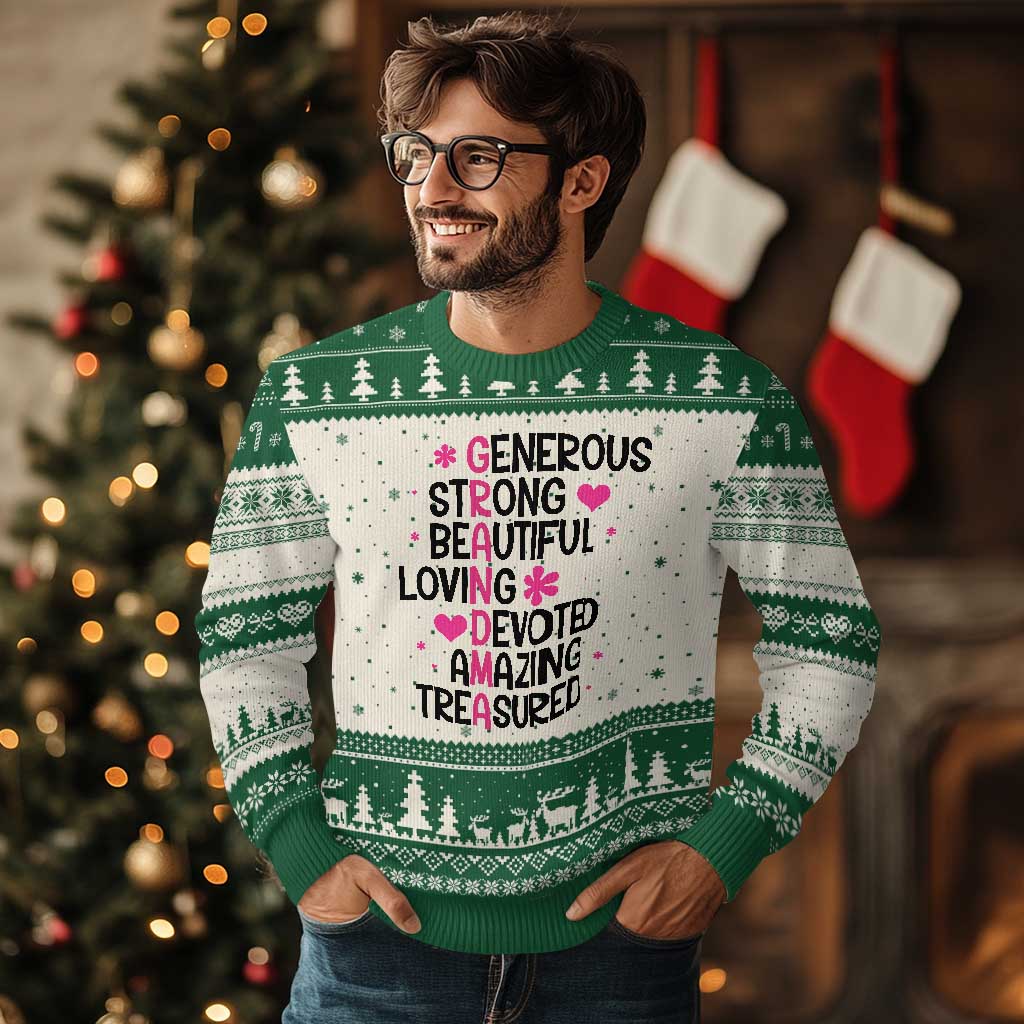 Funny Grandma Ugly Christmas Sweater Generous Strong Beautiful Loving Devoted