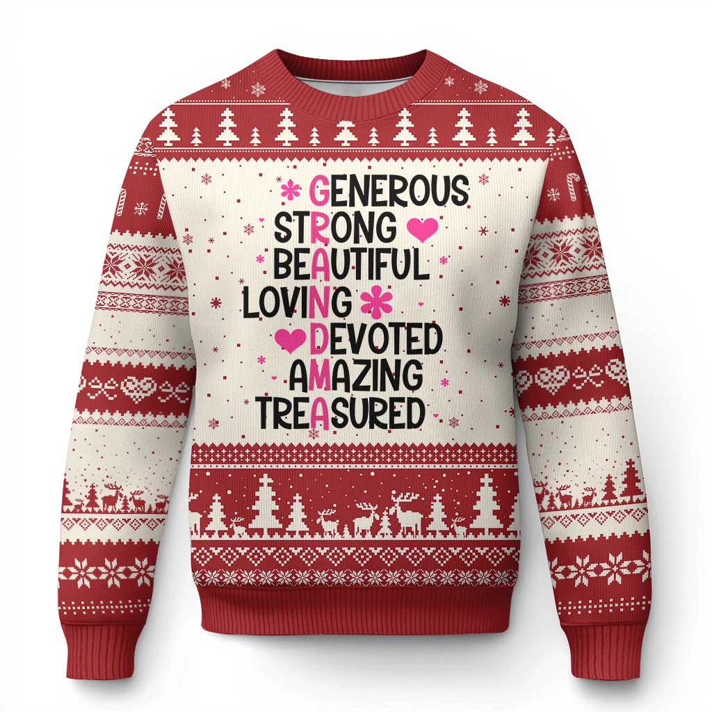 Funny Grandma Ugly Christmas Sweater Generous Strong Beautiful Loving Devoted