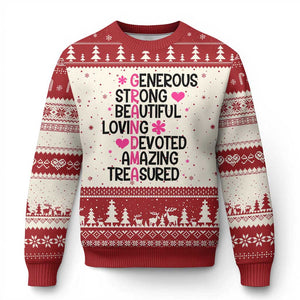 Funny Grandma Ugly Christmas Sweater Generous Strong Beautiful Loving Devoted