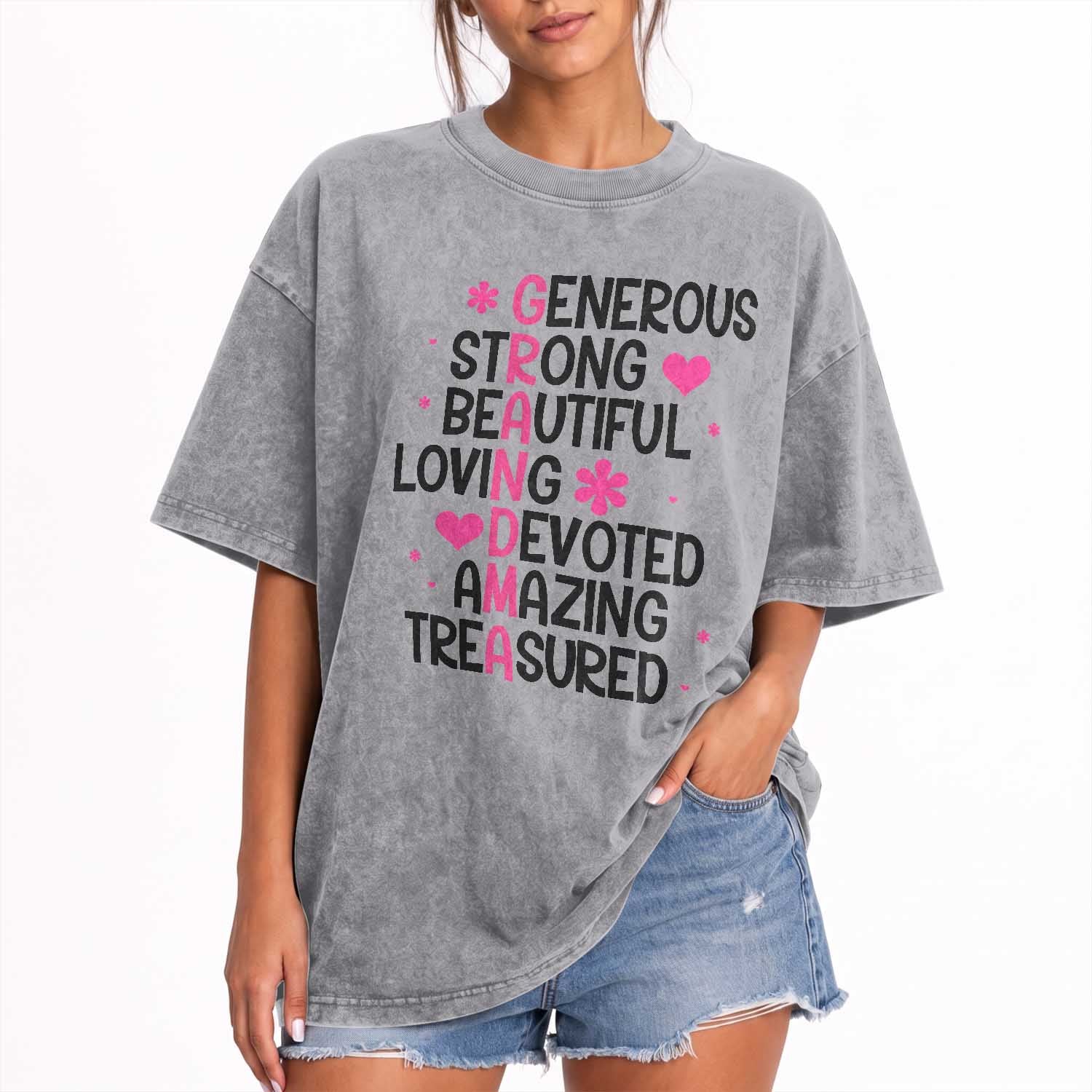 Funny Grandma Washed Cotton T-Shirt Generous Strong Beautiful Loving Devoted
