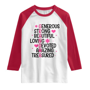 Funny Grandma Raglan Shirt Generous Strong Beautiful Loving Devoted