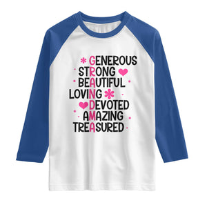 Funny Grandma Raglan Shirt Generous Strong Beautiful Loving Devoted