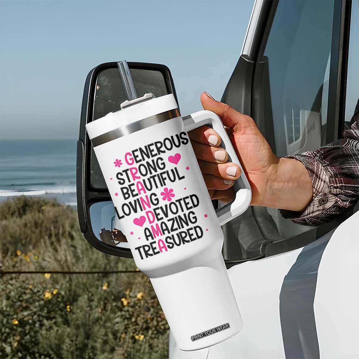 Funny Grandma Tumbler With Handle Generous Strong Beautiful Loving Devoted