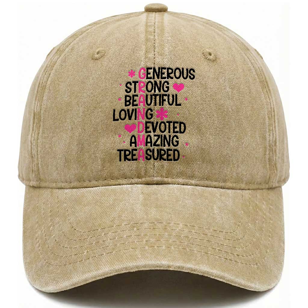 Funny Grandma Washed Cotton Baseball Cap Generous Strong Beautiful Loving Devoted