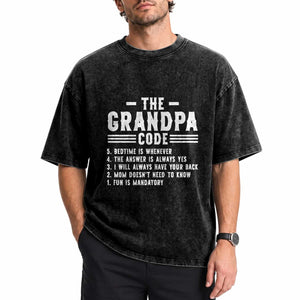 The Grandpa Code Washed Cotton T-Shirt Funny Grandfather Life Humorous Rules