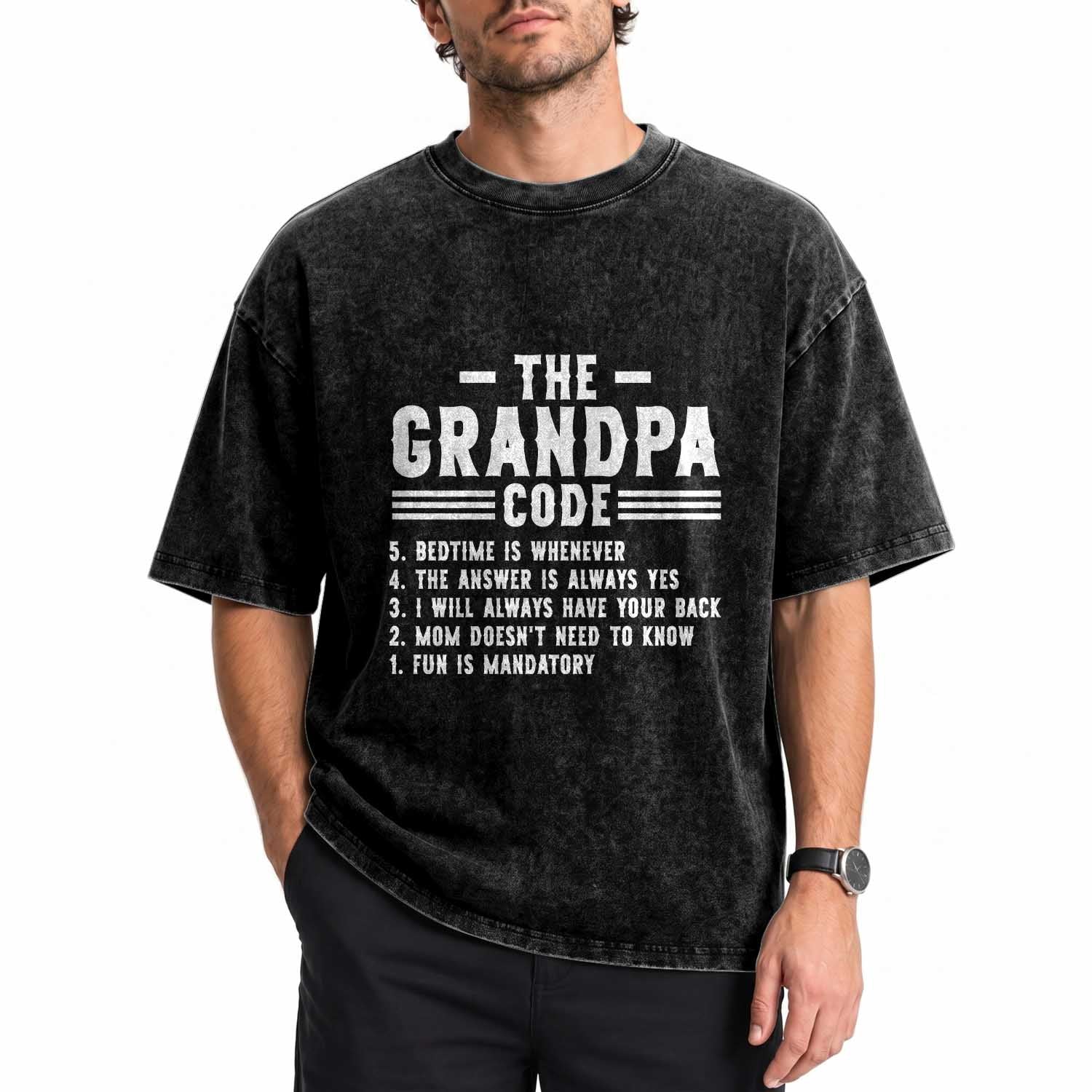 The Grandpa Code Washed Cotton T-Shirt Funny Grandfather Life Humorous Rules