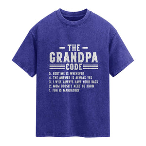 The Grandpa Code Washed Cotton T-Shirt Funny Grandfather Life Humorous Rules