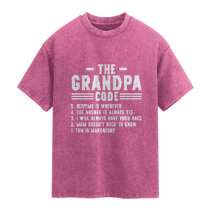The Grandpa Code Washed Cotton T-Shirt Funny Grandfather Life Humorous Rules