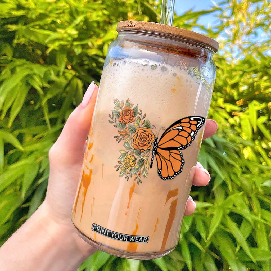Floral Monarch Butterfly Botanical Glass Can Nature Lover Gift