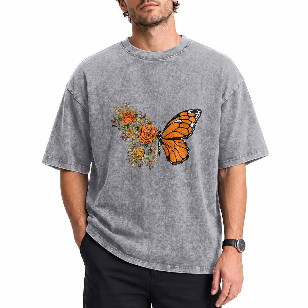 Floral Monarch Butterfly Botanical Washed Cotton T-Shirt Nature Lover Gift