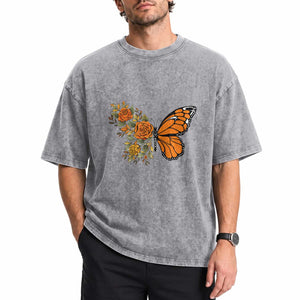 Floral Monarch Butterfly Botanical Washed Cotton T-Shirt Nature Lover Gift
