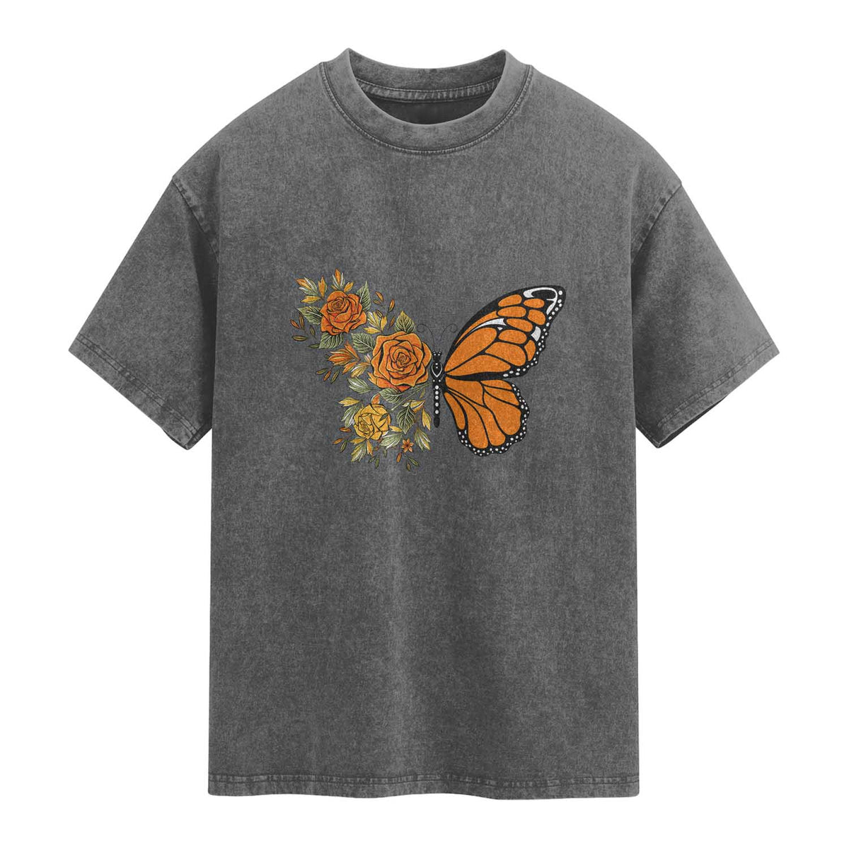 Floral Monarch Butterfly Botanical Washed Cotton T-Shirt Nature Lover Gift