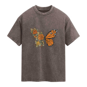Floral Monarch Butterfly Botanical Washed Cotton T-Shirt Nature Lover Gift