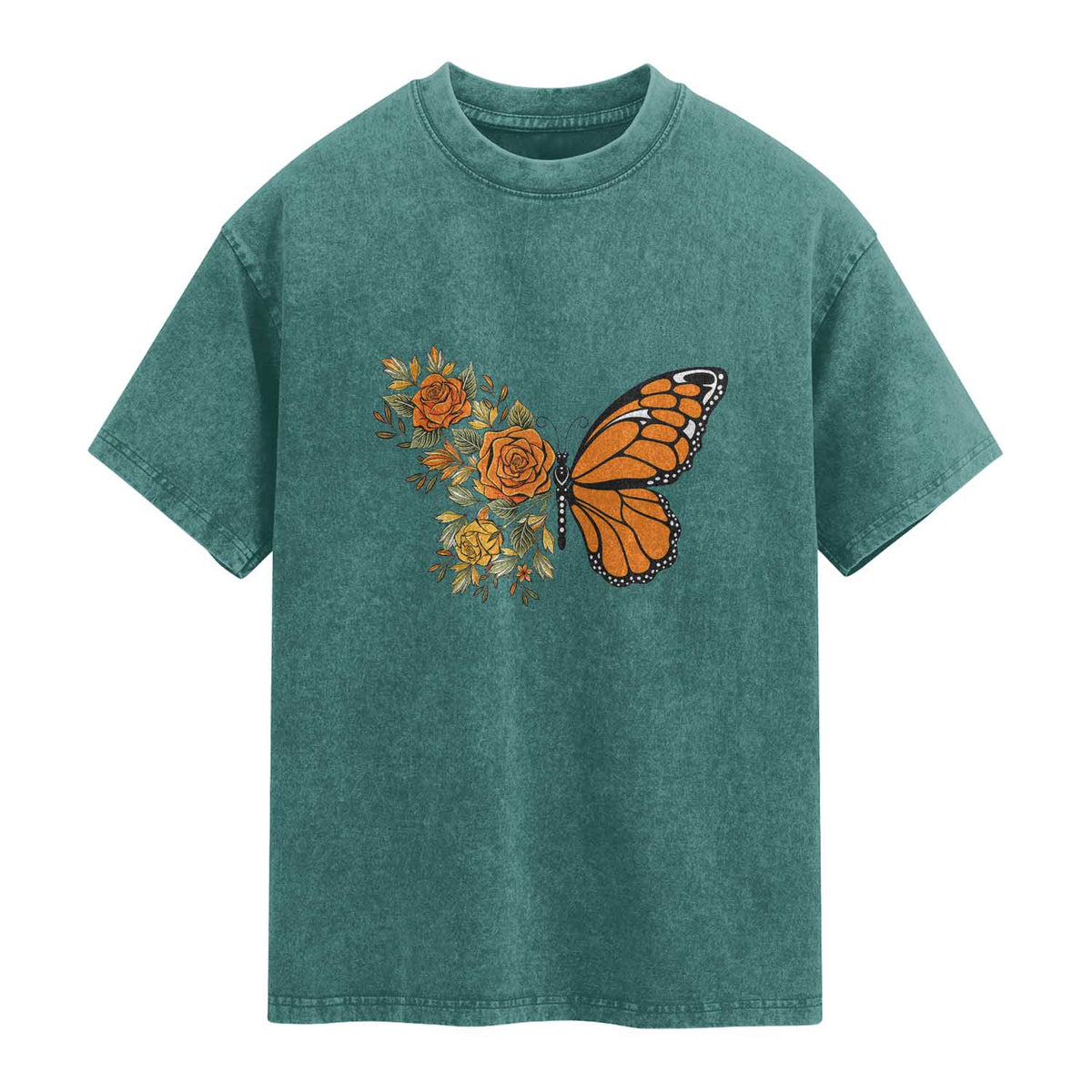 Floral Monarch Butterfly Botanical Washed Cotton T-Shirt Nature Lover Gift