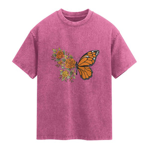 Floral Monarch Butterfly Botanical Washed Cotton T-Shirt Nature Lover Gift