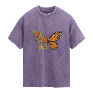 Floral Monarch Butterfly Botanical Washed Cotton T-Shirt Nature Lover Gift