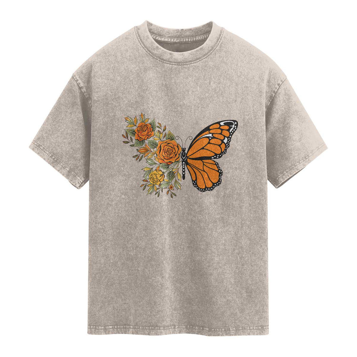 Floral Monarch Butterfly Botanical Washed Cotton T-Shirt Nature Lover Gift