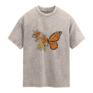 Floral Monarch Butterfly Botanical Washed Cotton T-Shirt Nature Lover Gift