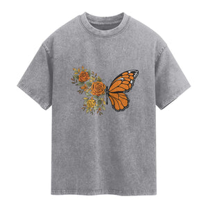 Floral Monarch Butterfly Botanical Washed Cotton T-Shirt Nature Lover Gift