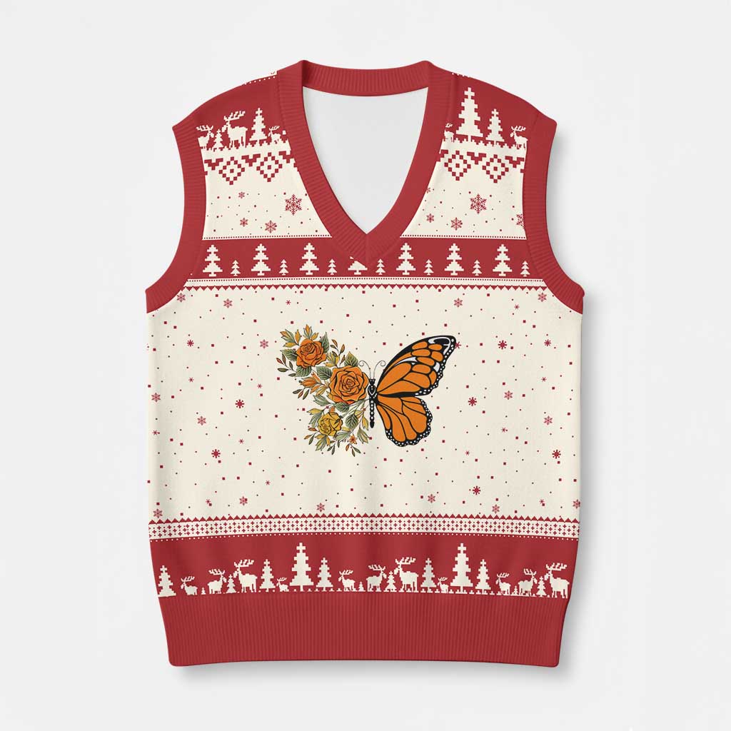 Floral Monarch Butterfly Botanical V-Neck Knit Sweater Vest Nature Lover Gift