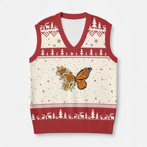 Floral Monarch Butterfly Botanical V-Neck Knit Sweater Vest Nature Lover Gift