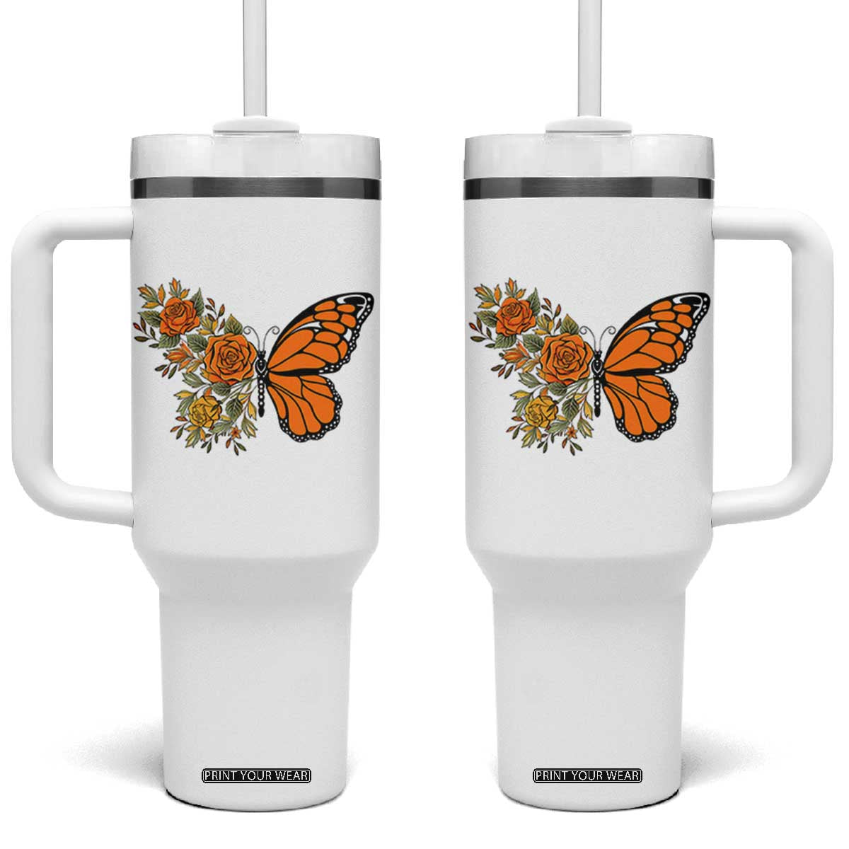 Floral Monarch Butterfly Botanical Tumbler With Handle Nature Lover Gift