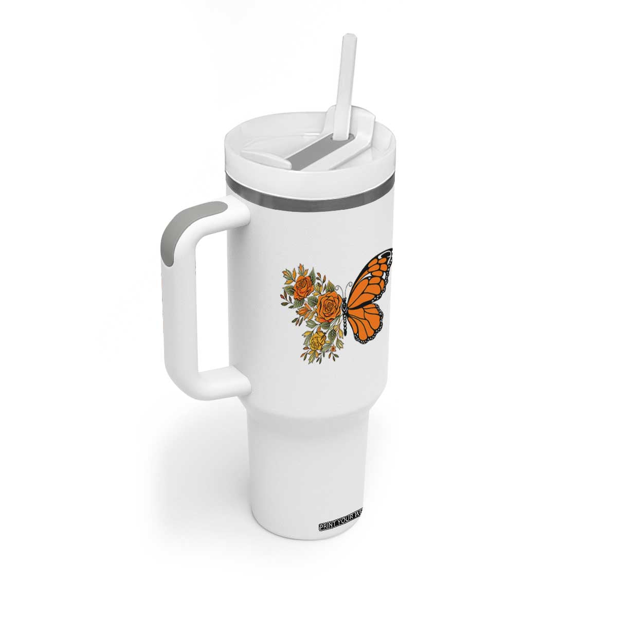 Floral Monarch Butterfly Botanical Tumbler With Handle Nature Lover Gift