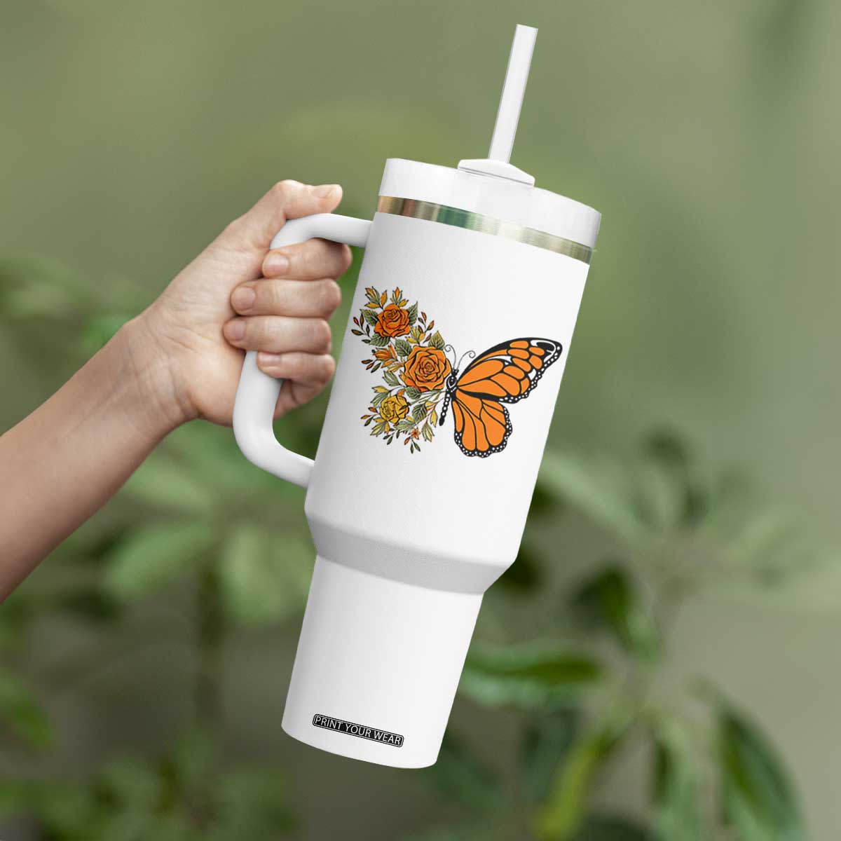 Floral Monarch Butterfly Botanical Tumbler With Handle Nature Lover Gift