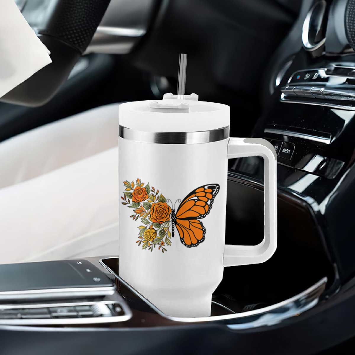 Floral Monarch Butterfly Botanical Tumbler With Handle Nature Lover Gift