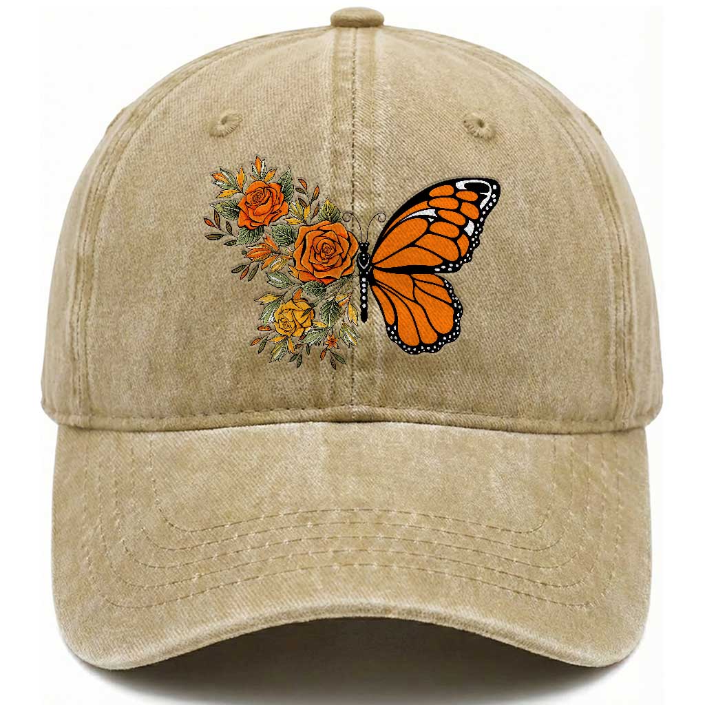 Floral Monarch Butterfly Botanical Washed Cotton Baseball Cap Nature Lover Gift