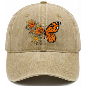 Floral Monarch Butterfly Botanical Washed Cotton Baseball Cap Nature Lover Gift