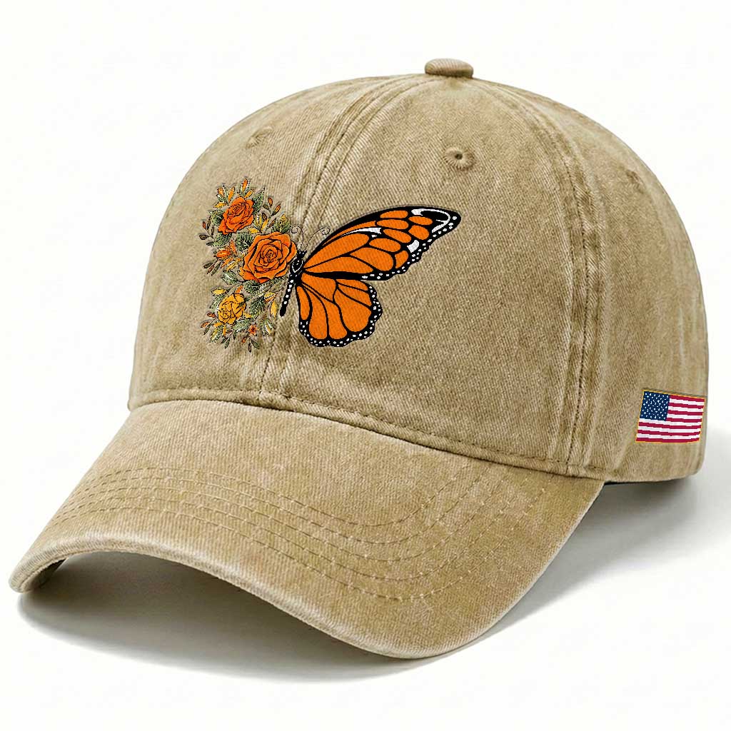 Floral Monarch Butterfly Botanical Washed Cotton Baseball Cap Nature Lover Gift