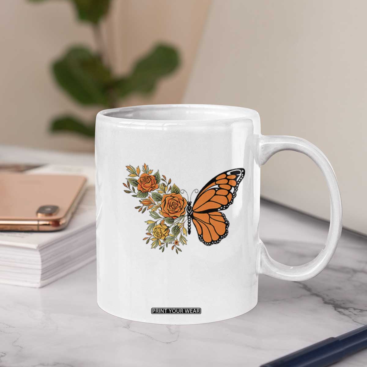 Floral Monarch Butterfly Botanical Coffee Mug Nature Lover Gift