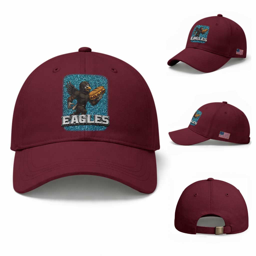Funny Eagle With Cheesesteak Baseball Cap Football Glitter Print TS12 Baseball Cap Universal Fit Maroon Print Your Wear