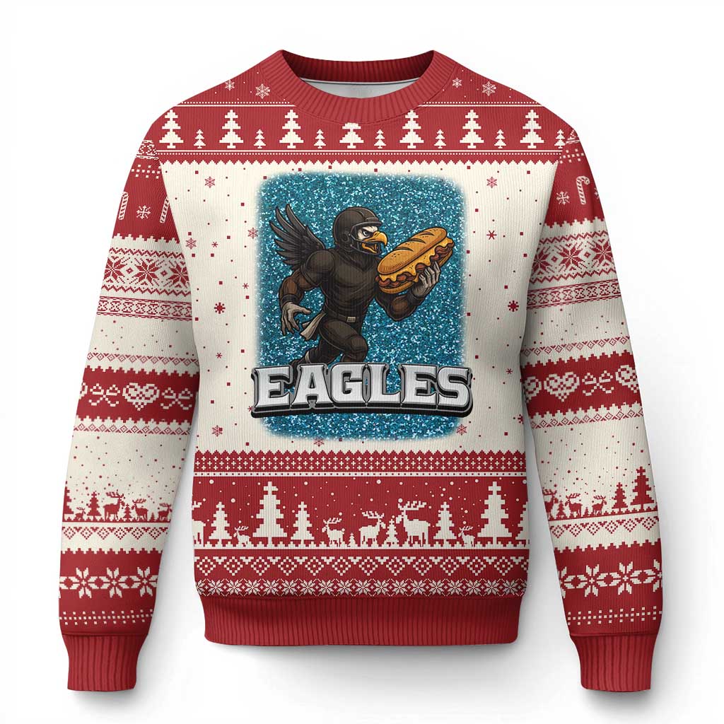 Funny Eagle With Cheesesteak Ugly Christmas Sweater Football Glitter Print TS12 Beige Red Print Your Wear