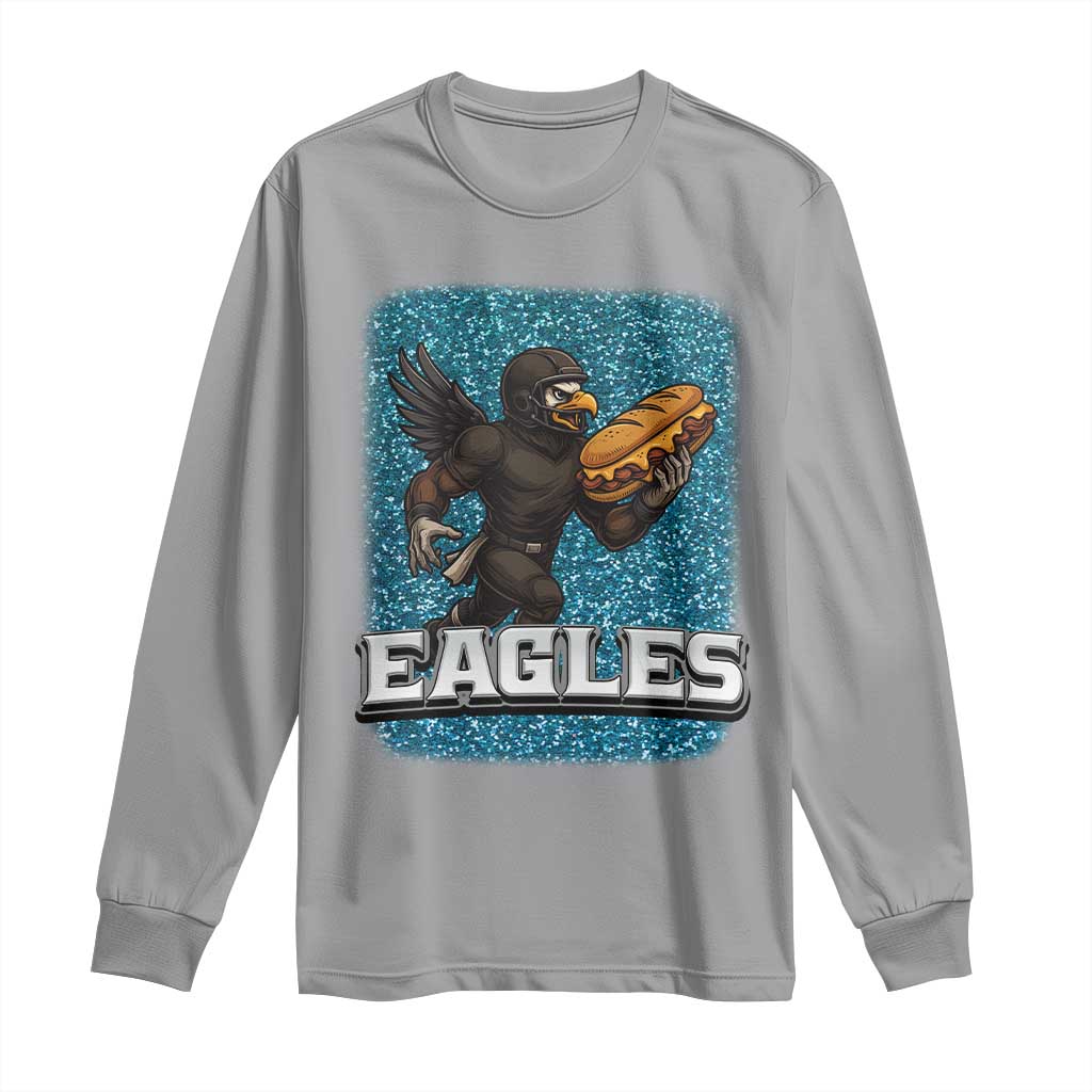 Funny Eagle With Cheesesteak Long Sleeve Shirt Football Glitter Print TS12 Sport Gray Print Your Wear