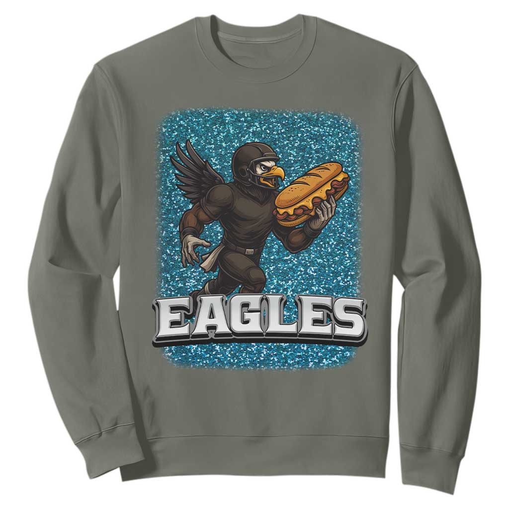 Funny Eagle With Cheesesteak Sweatshirt Football Glitter Print TS12 Military Green Print Your Wear