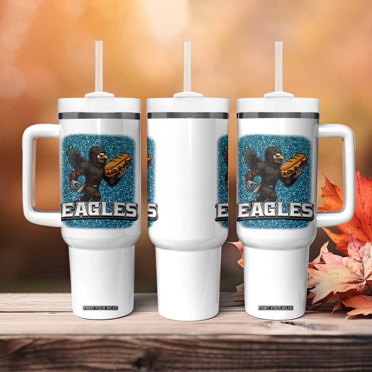 Funny Eagle With Cheesesteak Tumbler With Handle Football Glitter Print TS12 Print Your Wear
