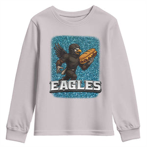 Funny Eagle With Cheesesteak Youth Sweatshirt Football Glitter Print TS12 Ice Gray Print Your Wear