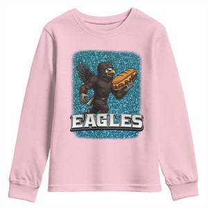 Funny Eagle With Cheesesteak Youth Sweatshirt Football Glitter Print TS12 Light Pink Print Your Wear