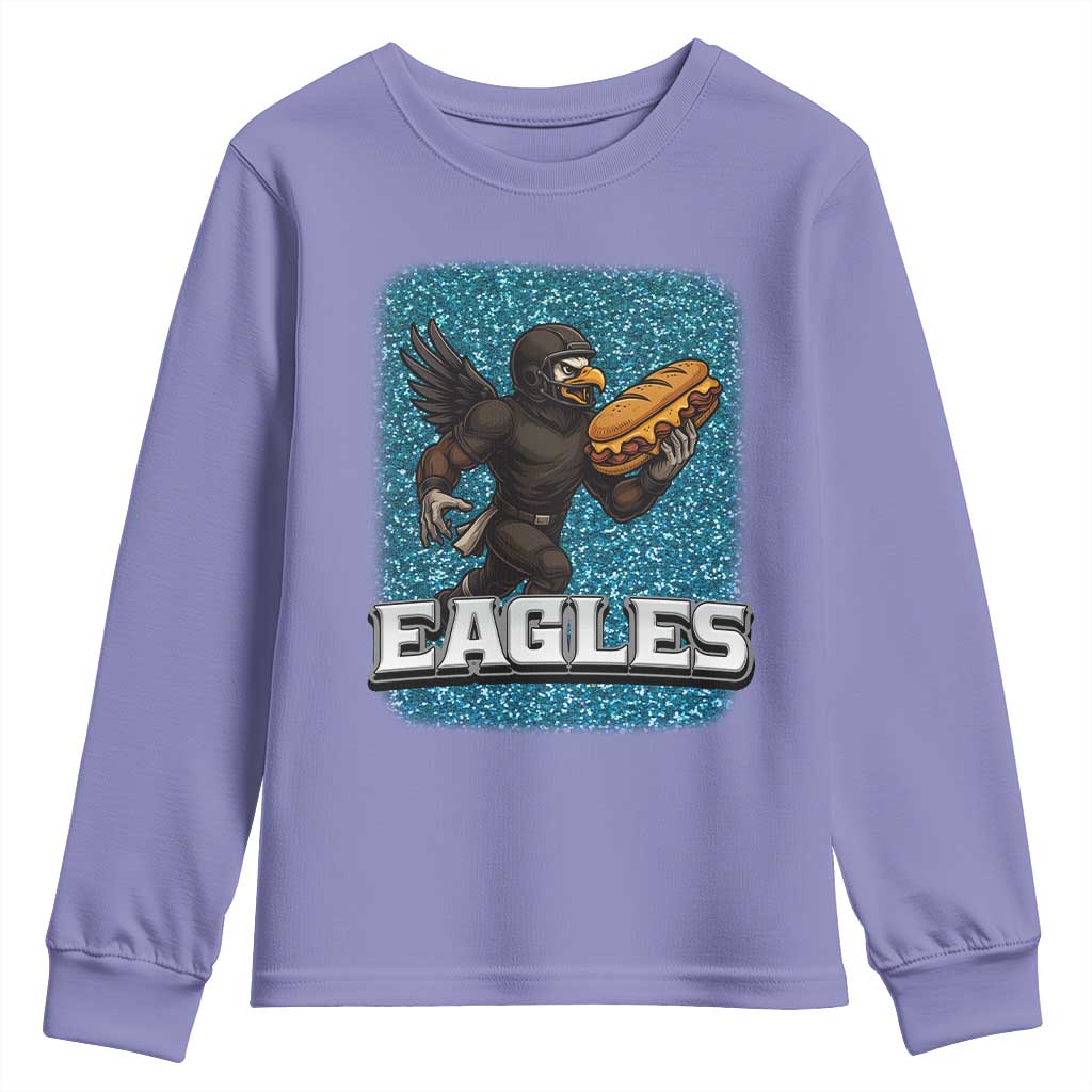 Funny Eagle With Cheesesteak Youth Sweatshirt Football Glitter Print TS12 Violet Print Your Wear